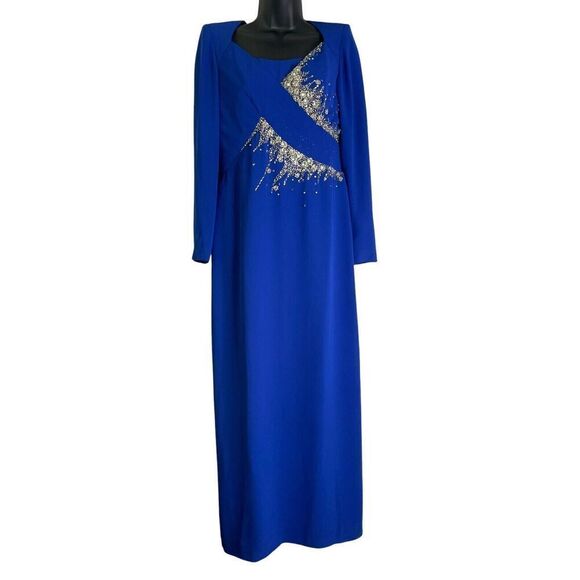 Lilli Diamond Vintage Blue Sheath Midi Rhinestone Beaded Dress Long Sleeve 10 - Picture 1 of 15